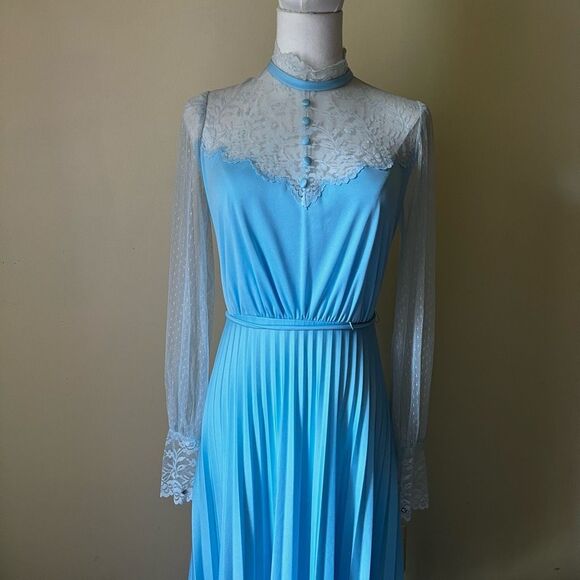 Vintage 70s Blue Lace Long Sleeve Nightgown Hostess Dress Victorian Small - Picture 2 of 12